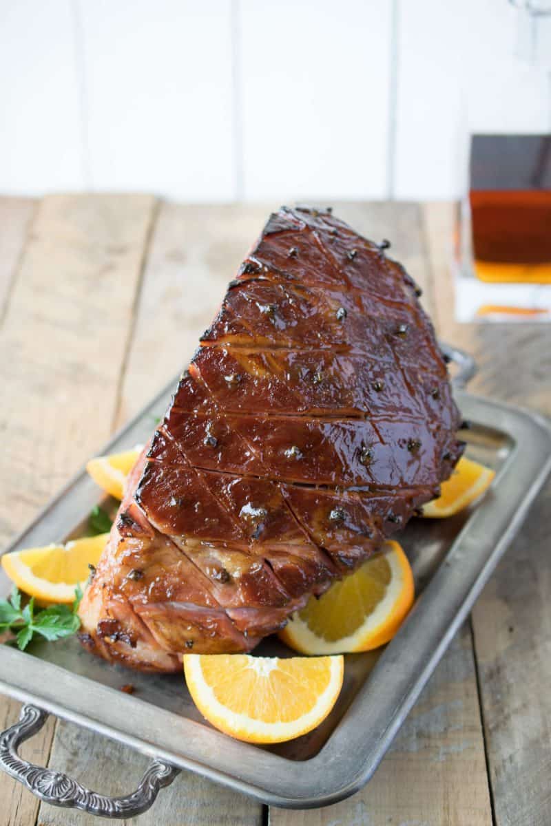 An orange & bourbon glazed ham fresh out of the oven