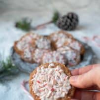 Holding a Florentine lace cookie topped with white chocolate and crushed candy canes