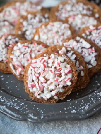 A pewter plate full of peppermint Florentine cookies