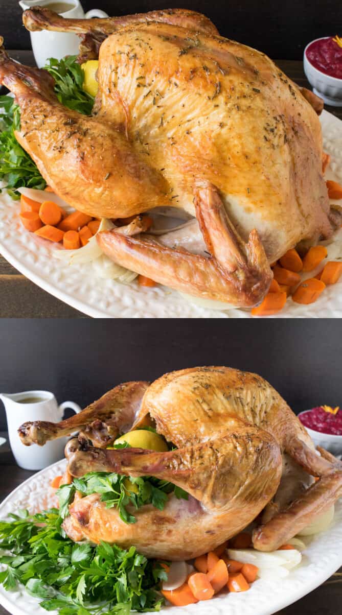 2 roast turkeys with golden brown skin