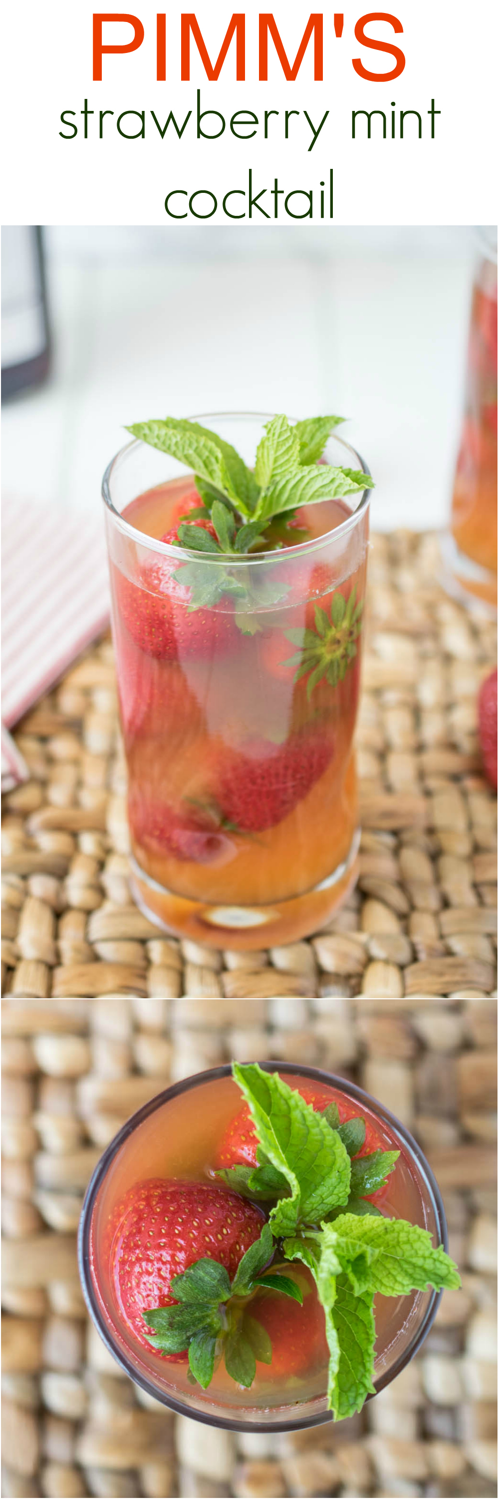 Pimm's strawberry mint cocktail is cooling and refreshing. Pimm's, blended fresh strawberries & mint and lemonade are shaken with ice and served over frozen strawberries.