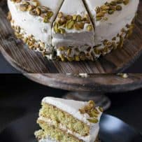 A slice of pistachio cake on a plate with another view of the cake above it with a slice cut but not removed from the whole cake