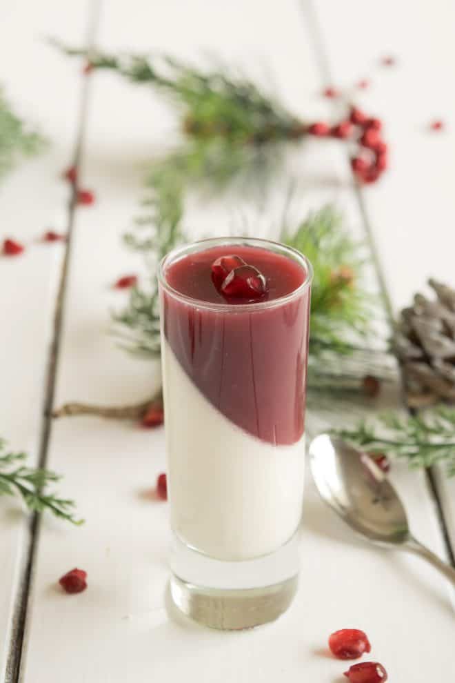A single serving of pomegranate panna cotta in a glass