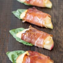 Crispy prosciutto wrapped with apple, Parmesan and basil