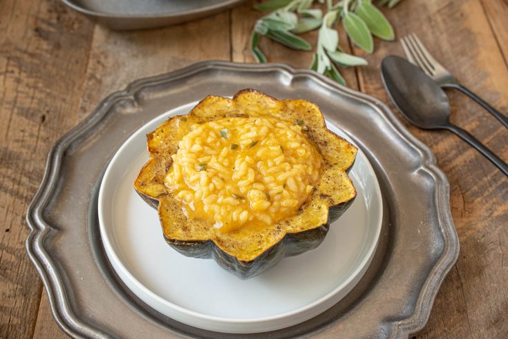 Half an acorn squash filled with pumpkin risotto