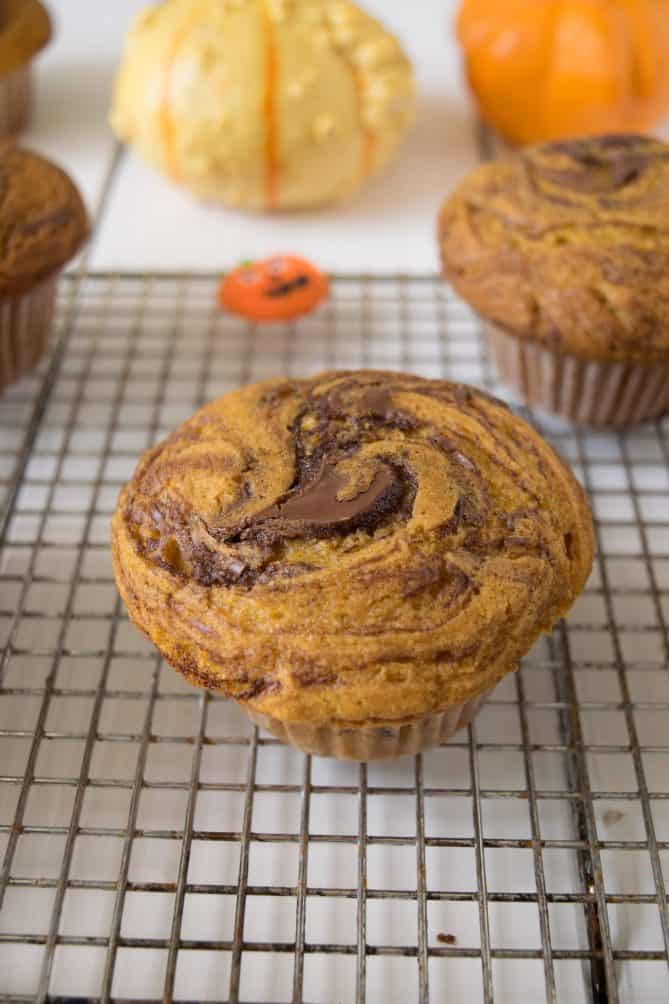 The top of a muffin showing nutella swirled throughout