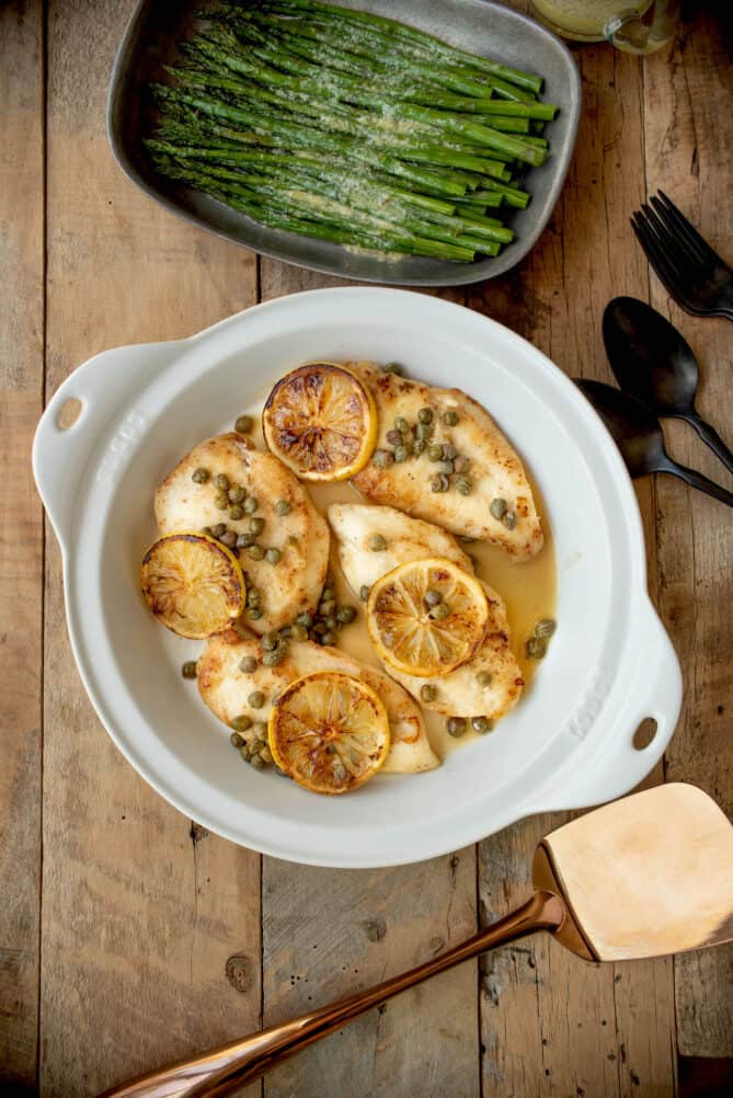 Lemon chicken piccata viewed from overhead