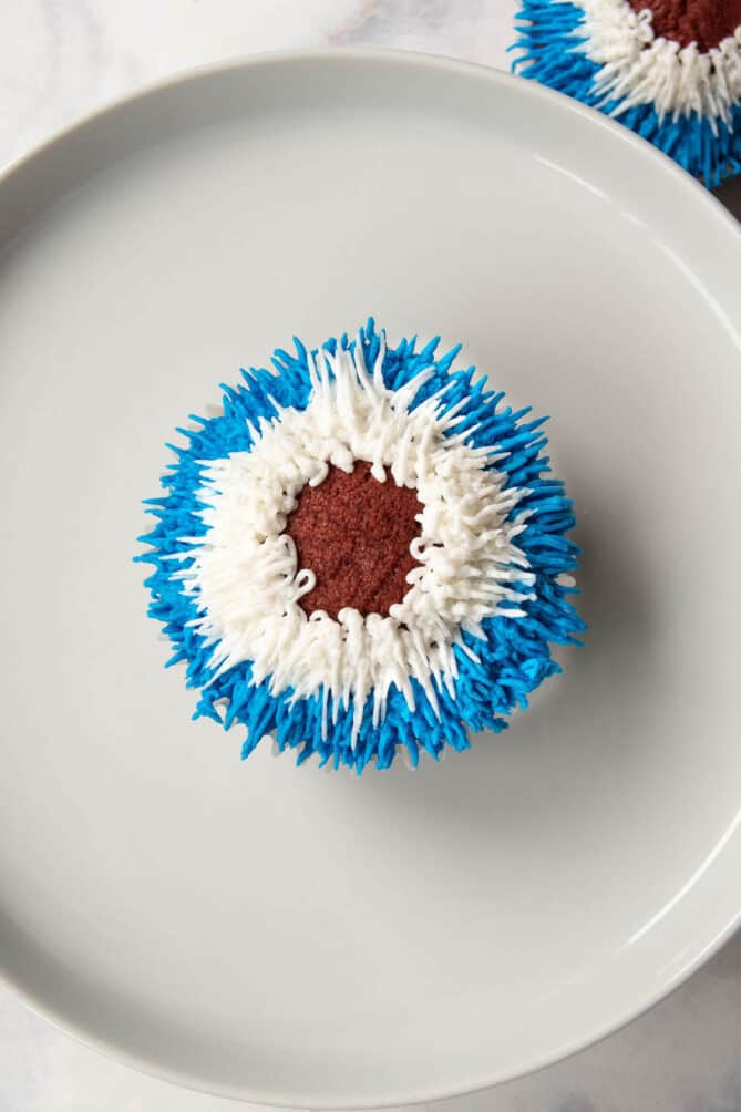 A cupcake with blue and white frosting