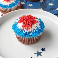 The cupcake on a white plate with red white and blue frosting to emulate a firework