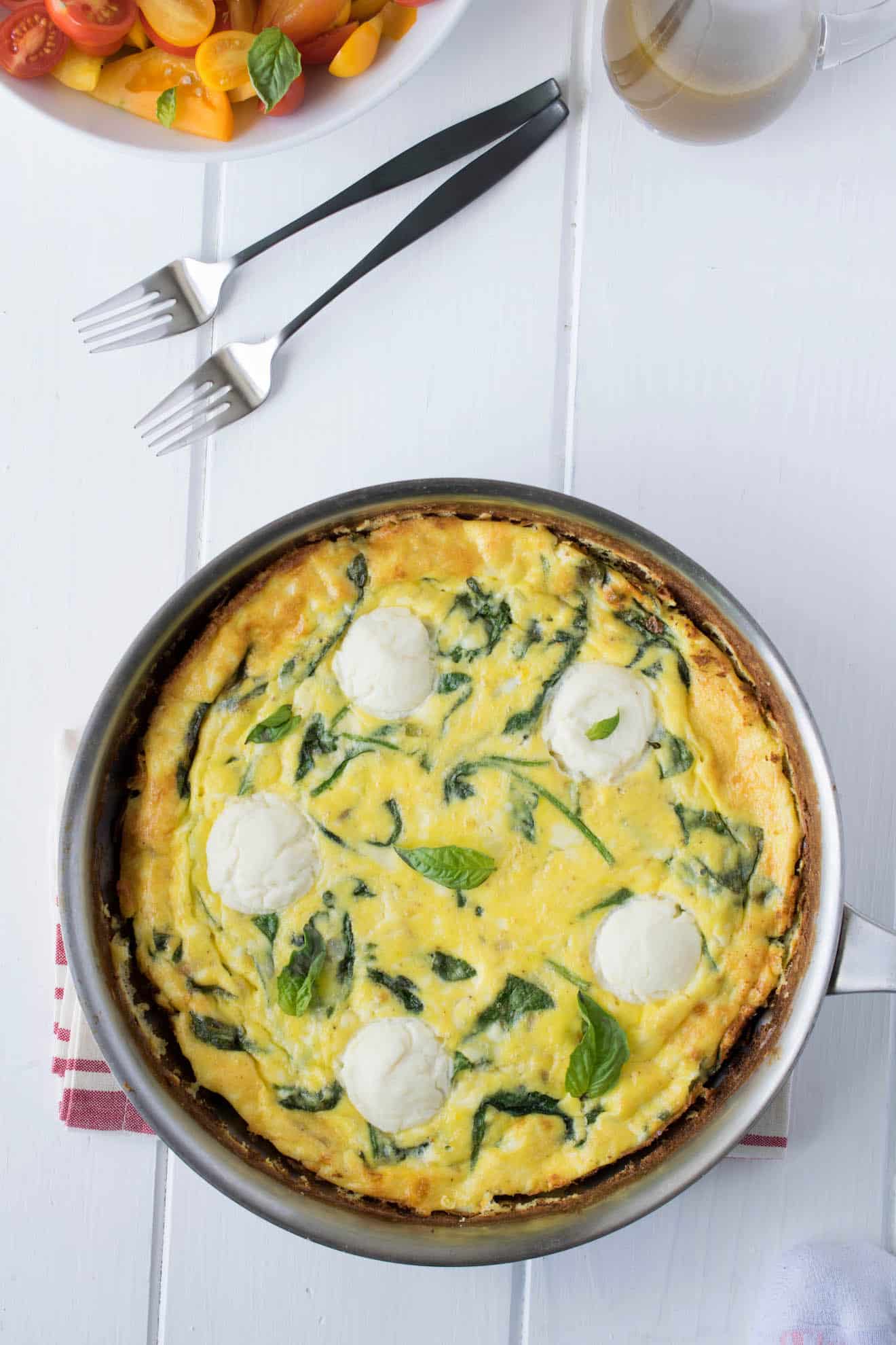 Frittata from above showing the pretty green swirls of spinach
