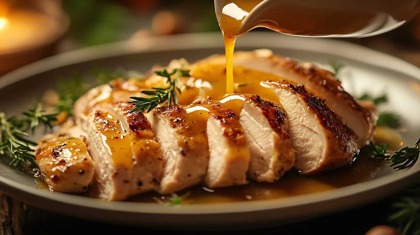 Pouring gravy over sliced turkey