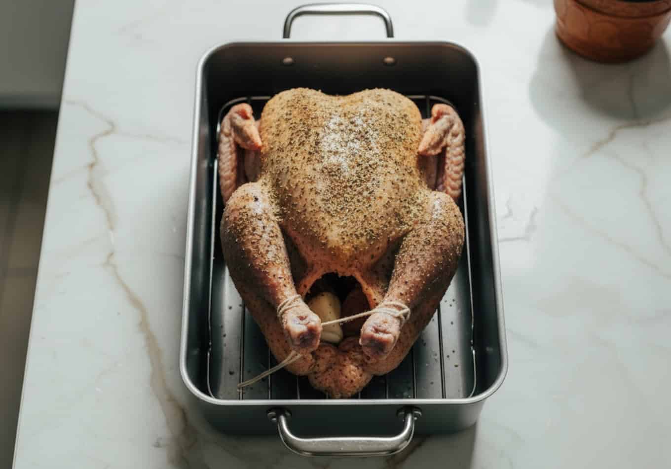A turkey in a roasting pan