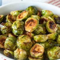 Perfectly roasted Brussels sprouts showing the glaze