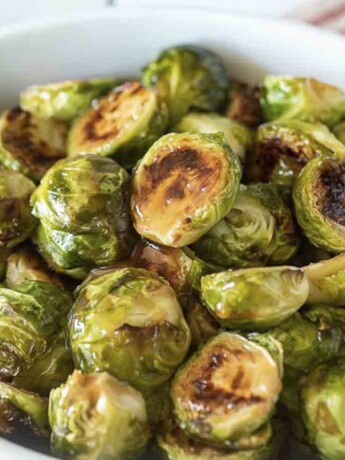 A closeup of roasted Brussels sprouts halves