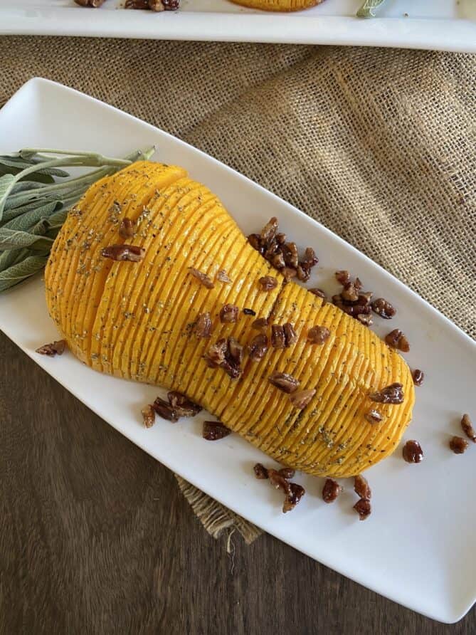 Hasselback roasted butternut squash viewed from overhead