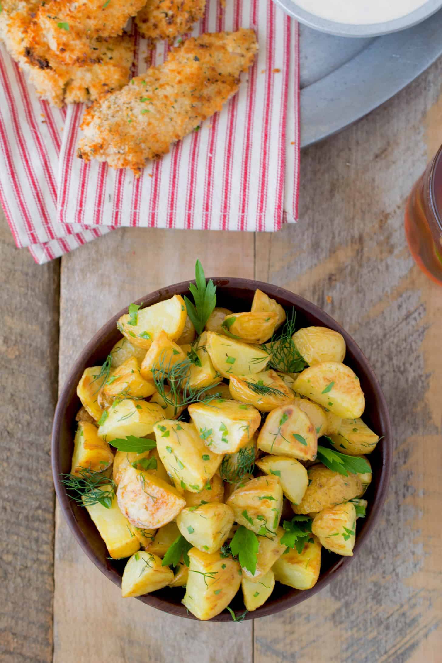 Potato salad with herbs seen from above.