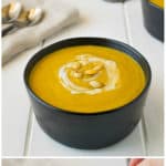 Roasted pumpkin and root vegetable soup is a veggie loaded soup with delicious flavorings from curry, cumin, coriander and nutmeg.