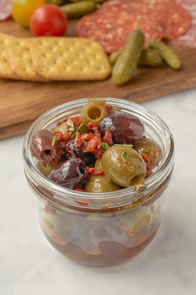 Kalamata olives with green olives served with charcuterie