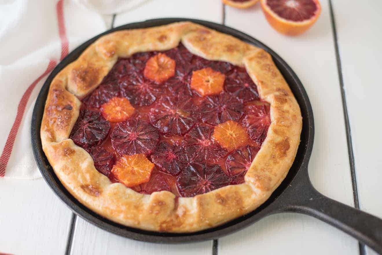 Blood orange galette in a cast iron pan
