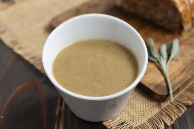 Gravy in a white bowl
