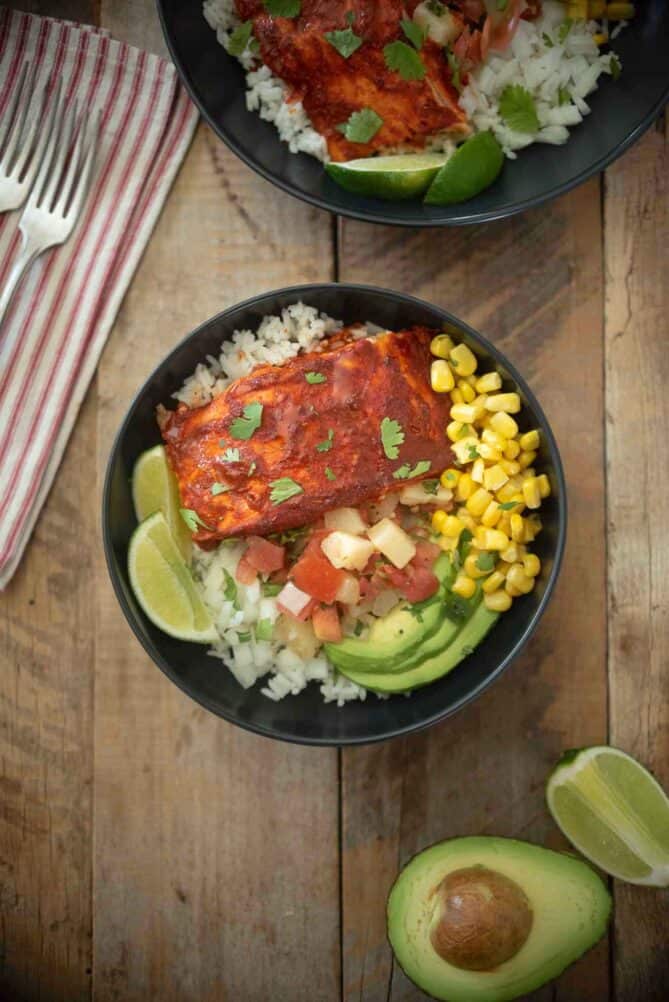 Salmon al pastor bowl viewed from overhead