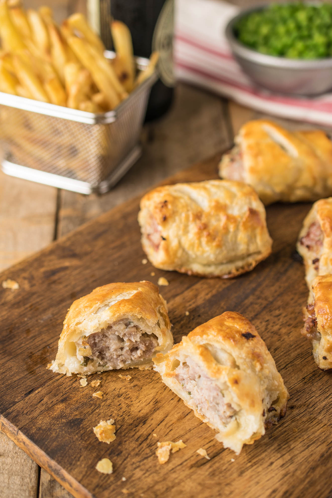Sausage rolls. Flaky pastry surrounds a delicious pork and sage filling.
