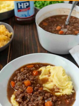 Ground beef mixed with vegetables in brown gravy on top of mashed potatoes in a white bowl