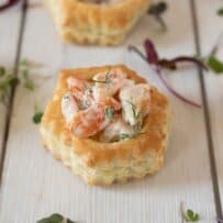 A pretty puff pastry shell filled with avocado and shrimp