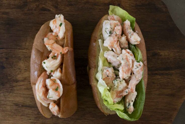 2 lobster roll style shrimp sandwiches