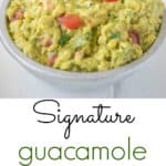 Signature guacamole, fresh avocados are mashed with fresh lime juice, fresh cilantro, chopped tomato and chipotle tabasco for a little kick.