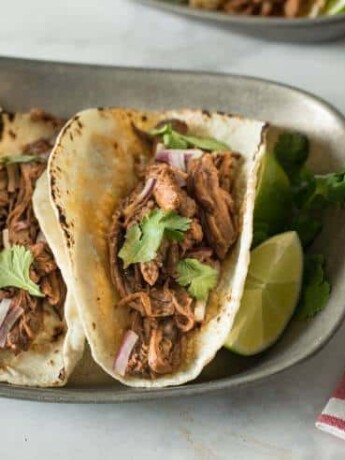 Shredded beef in a soft taco served with fresh cilantro