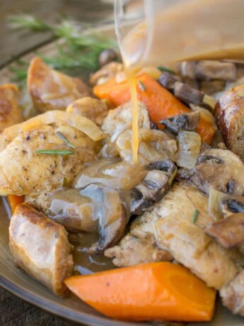Chicken thighs, sausage, mushrooms and carrots with gravy
