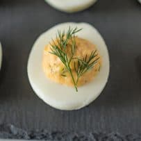A closeup of a deviled eggs