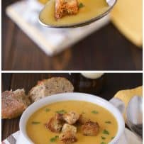 A closeup of a spoonful of soup and a crouton and a bowl of beer soup