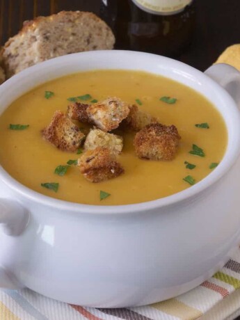 Browned croutons on top of soup