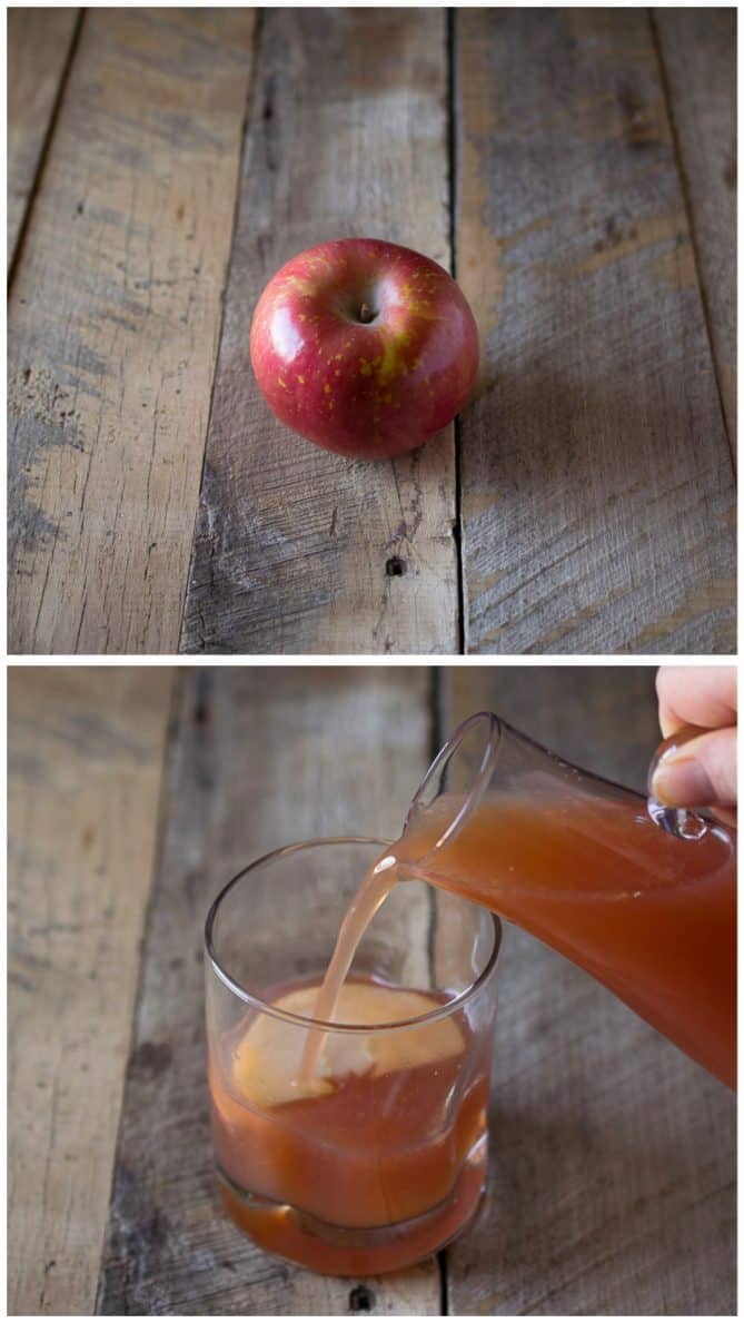A red apple and pouring sparkling apple punch into a glass