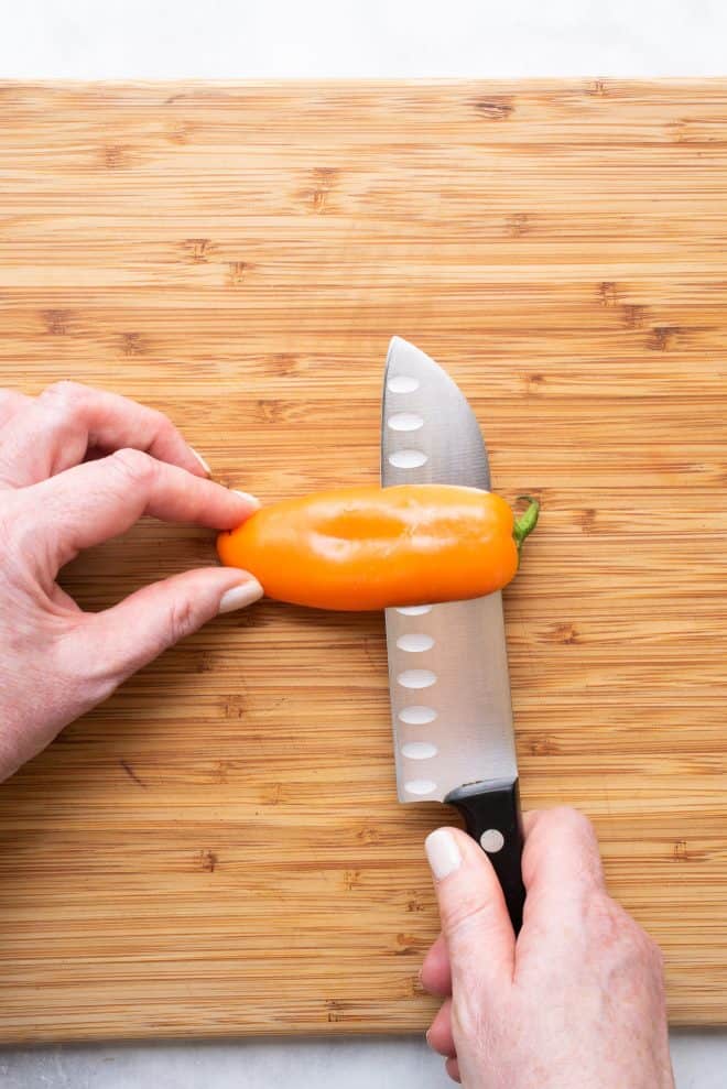 Cutting a mini pepper lengthwise