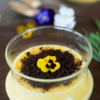 A glass dessert bowl half filled with orange custard topped with cookie crumbs and an edible yellow pansy