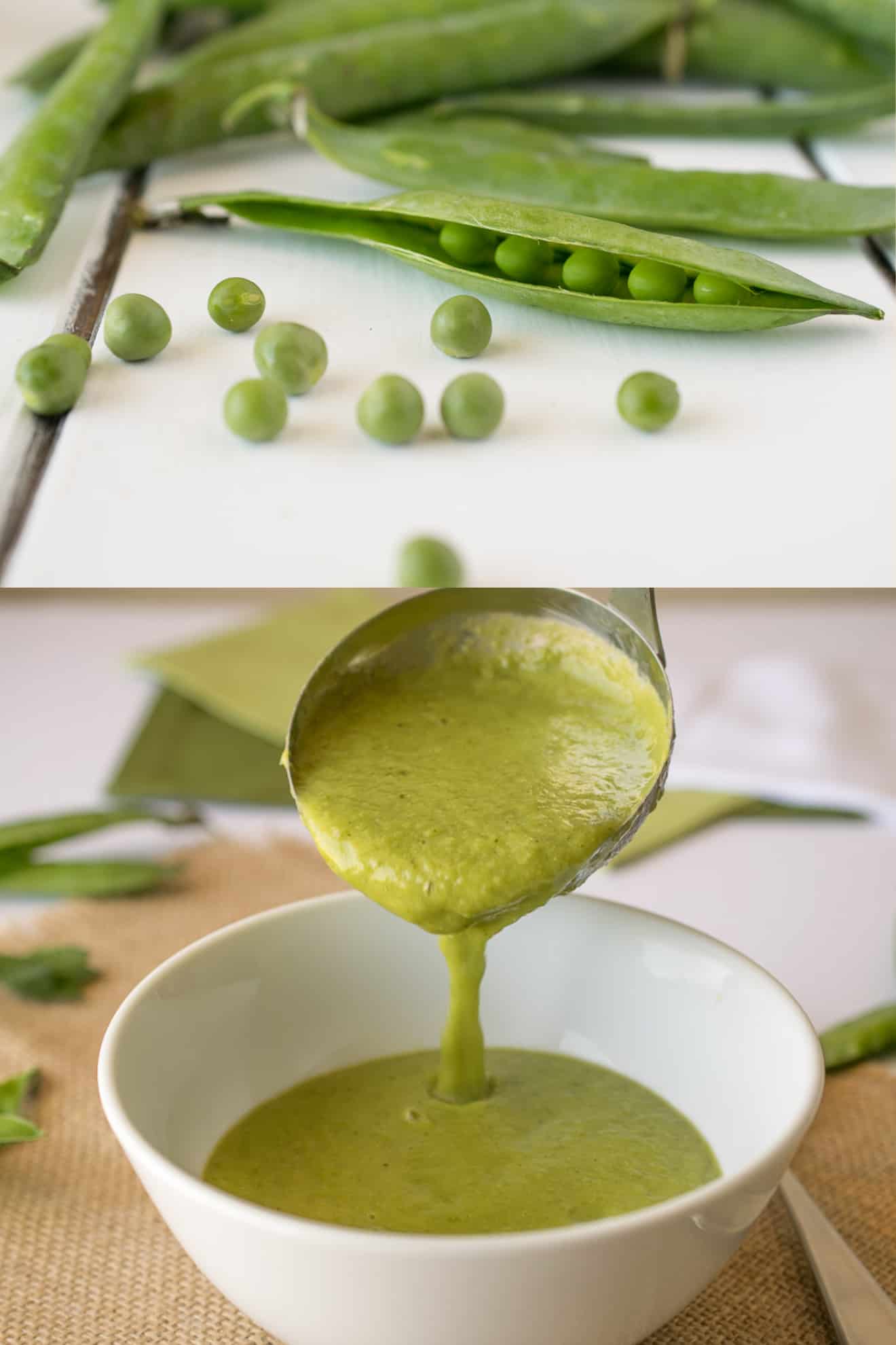 Fresh peas and a pouring pea soup into a bowl
