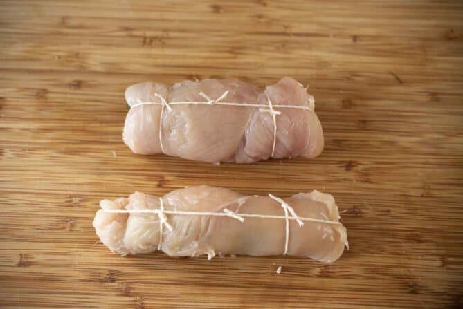 Chicken roulade tied up with string