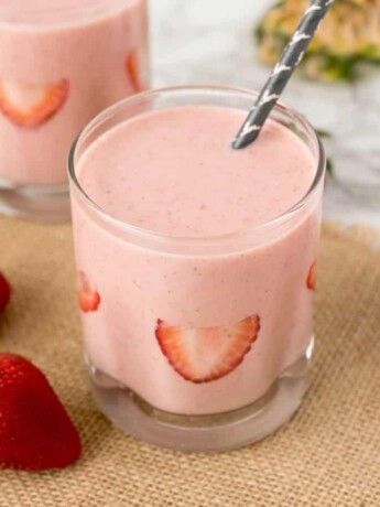 A pink, strawberry smoothie
