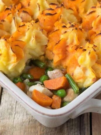 Turkey shepherd's pie showing the filling and sweet potato mash