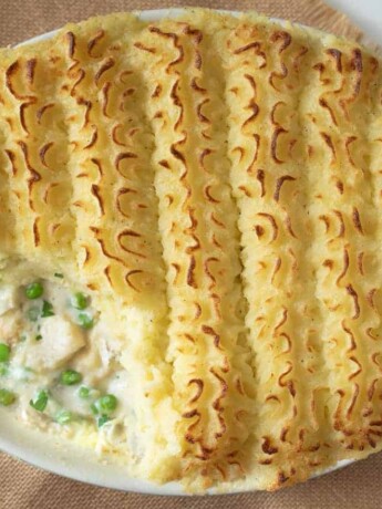 The Easiest British Fish Pie with some mash removed showing the filling