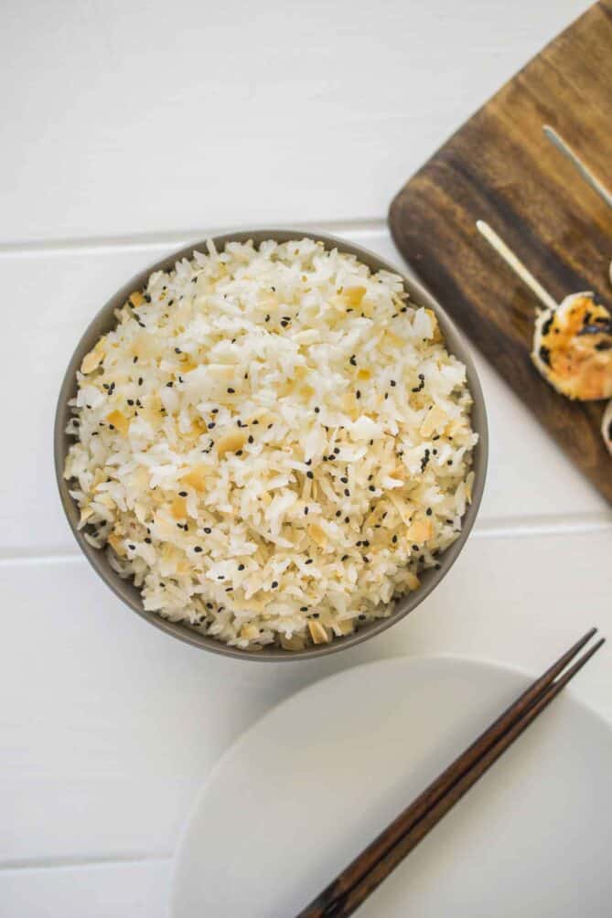 Toasted coconut rice viewed from overhead