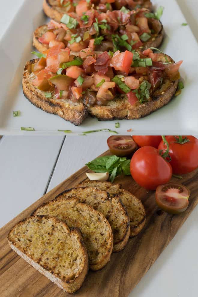 Tomato and crispy prosciutto bruschetta and toasted slices of bread with fresh tomatoes on a board