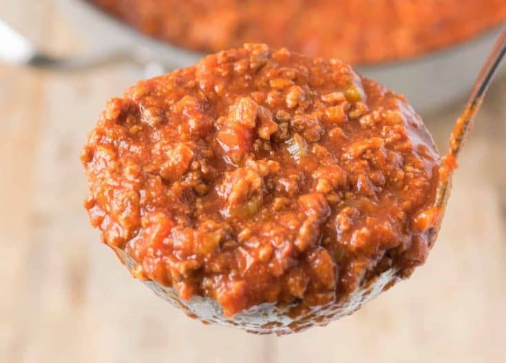 Meaty Traditional Bolognese sauce in a ladle