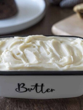 A rectangle butter dish filled with brandy butter