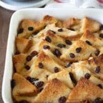 Triangles of bread browned in the oven with custard and raisins