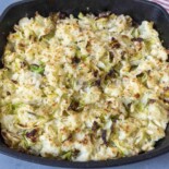 Brown, crispy tops of mashed potato and cabbage