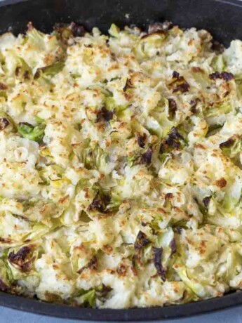Brown, crispy tops of mashed potato and cabbage